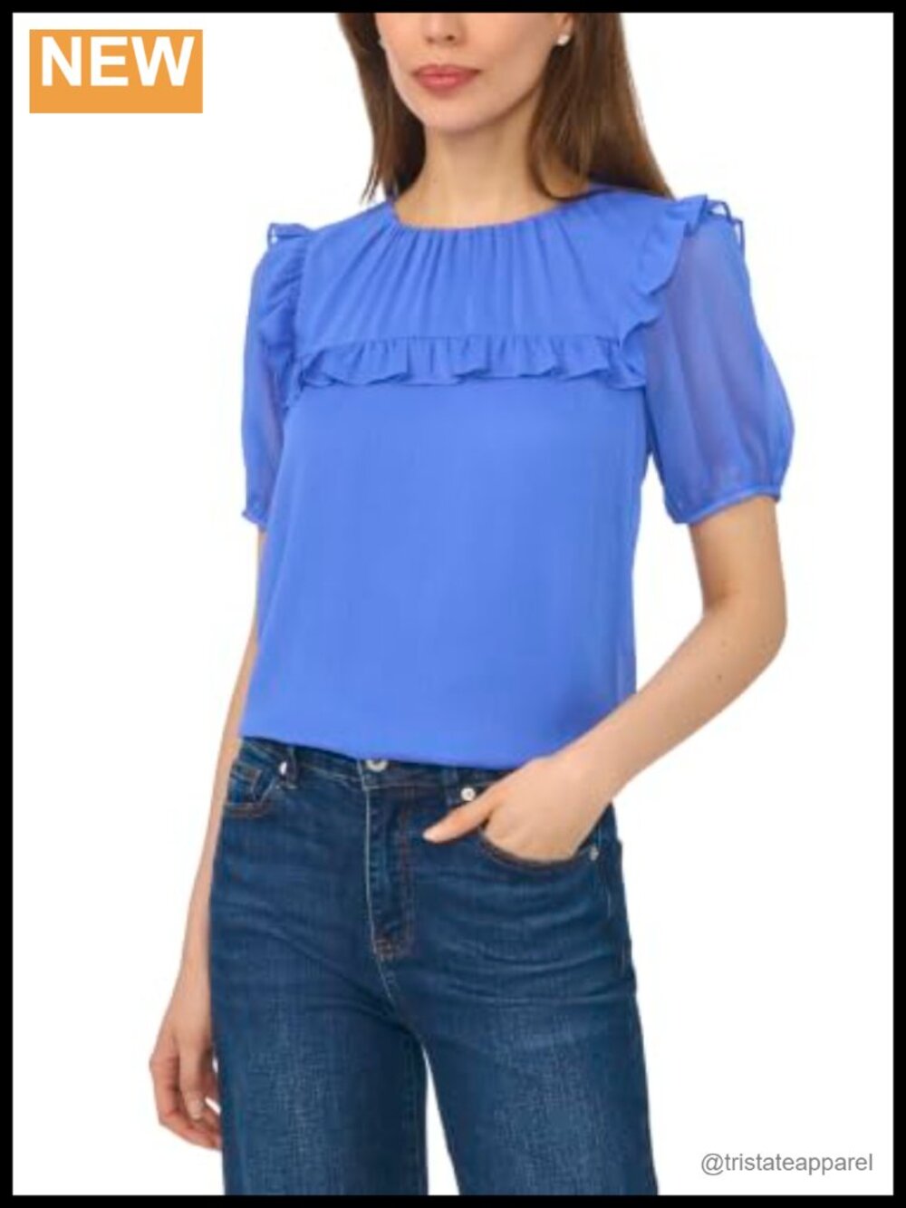 Ruffle Yoke Blouse with Elbow Sleeves - Polyester